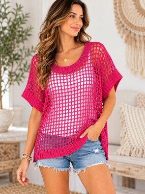Barbie Pink Open Knit Tunic Sweater Cover-Up Oversized Small NWOT